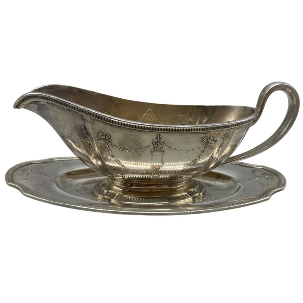 Antique Silverplated Gravy Boat With Attached Oval Tray Community plate READ